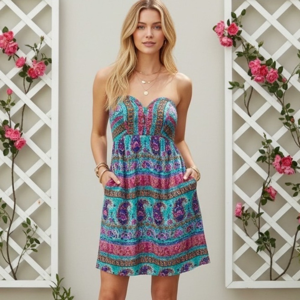 Anthropologie Maple Silk Strapless Paisley Mini‎ Dress Sweetheart Boho Resort 2
